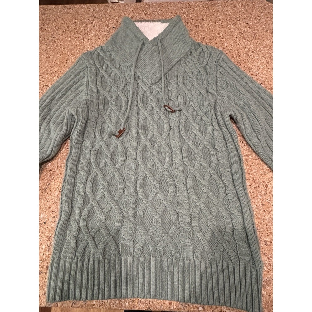 X-ray Jeans Fisherman Cable Knit  Green Sweater Cowl Neck Faux Fur Lined Large